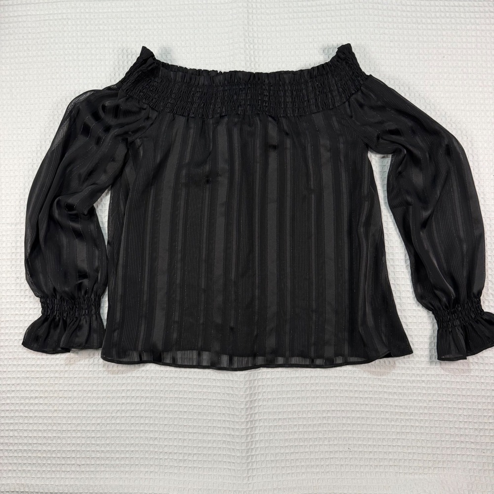J.O.A. Los Angeles‎ Black Off The Shoulder Smocked Striped Blouse Medium